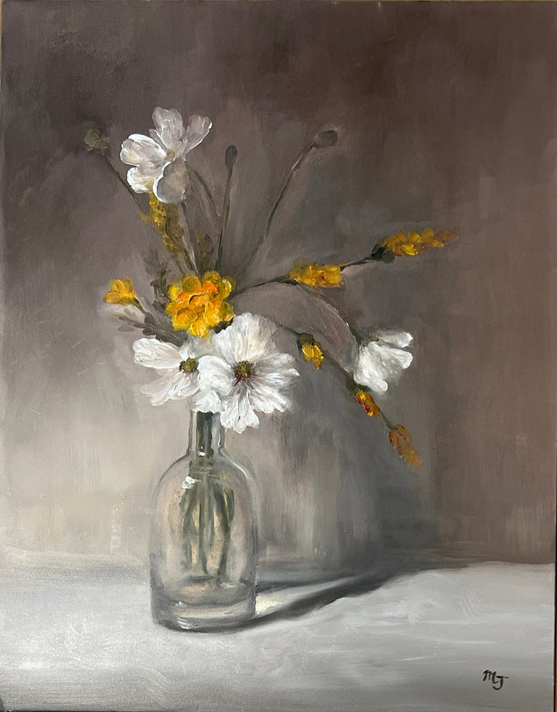 Yellow and White Flowers in Glass Vase