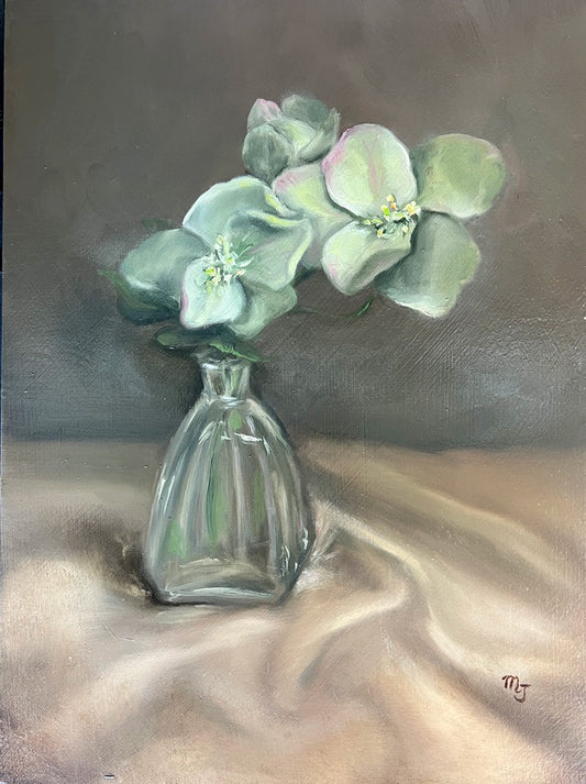White Hellebores in Glass Vase